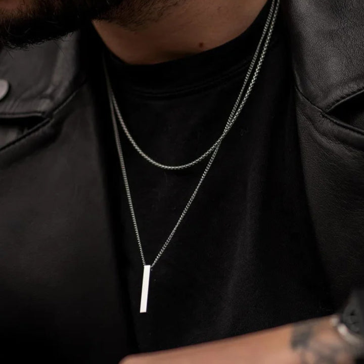 Celzoir | Collier Classy Homme à Pendentif Barre Verticale en Acier Inoxydable – Superposition de Chaînes Cubaine et Corde de Blé
