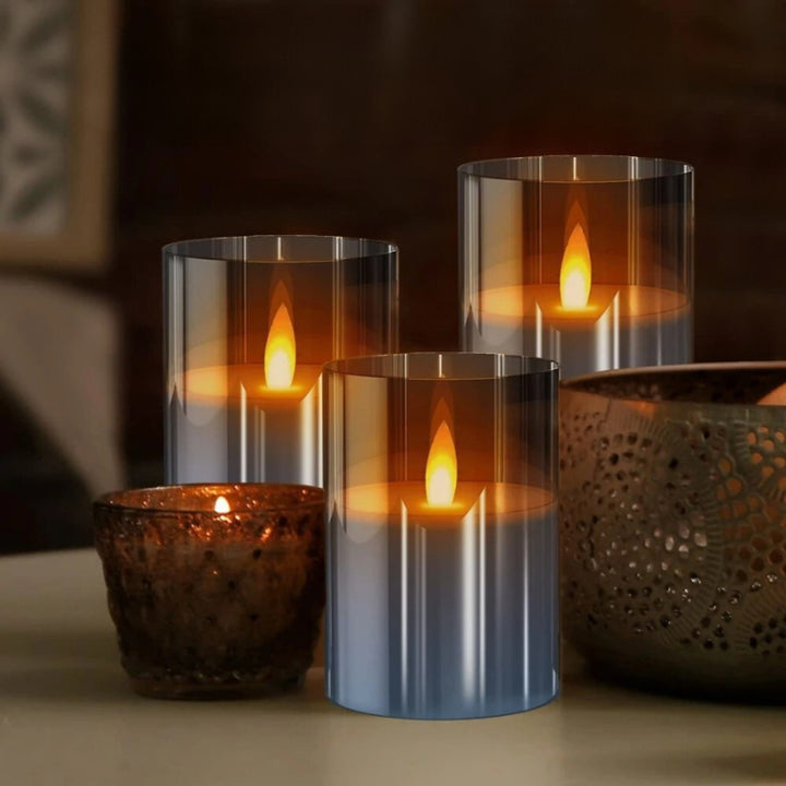 Pillar Candles LED Flameless Battery Operated Warm White Set Of 3 In Glass Holders - Image 1