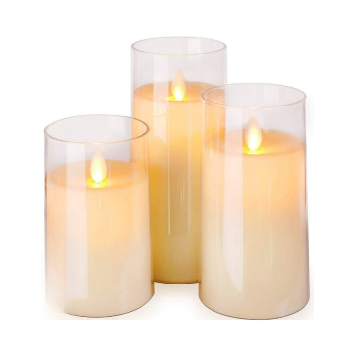 Pillar Candles LED Flameless Battery Operated Warm White Set Of 3 In Glass Holders - Image 4