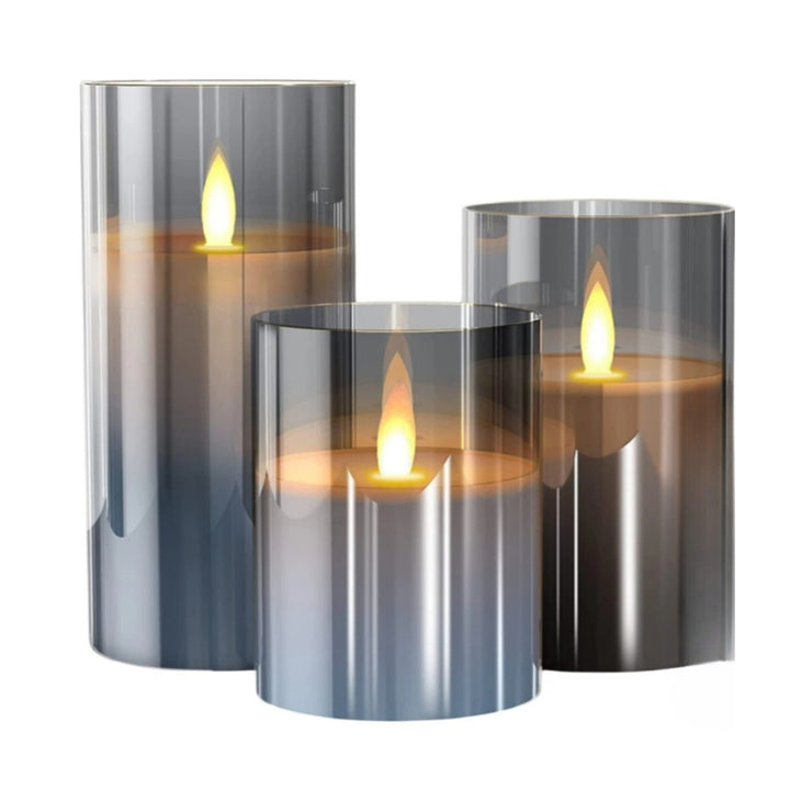Pillar Candles LED Flameless Battery Operated Warm White Set Of 3 In Glass Holders - Image 3