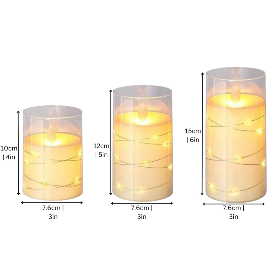 Pillar Candles LED Flameless Battery Operated Warm White Set Of 3 In Glass Holders - Image 2