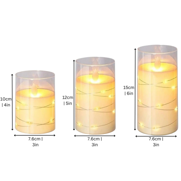 Pillar Candles LED Flameless Battery Operated Warm White Set Of 3 In Glass Holders - Image 2
