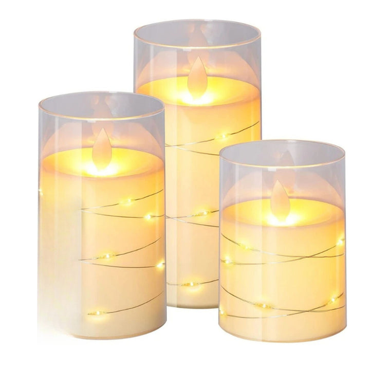 Pillar Candles LED Flameless Battery Operated Warm White Set Of 3 In Glass Holders - Image 5