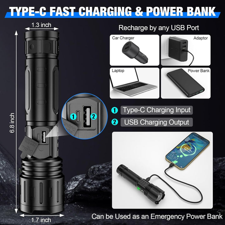 Rechargeable Flashlight LED High Lumen Bright Handheld With Wrist Strap And Carrying Case - Image 6