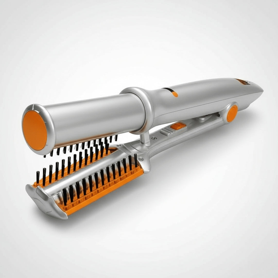 Rotating Hair Brush 2-in-1 Auto-Spin Styling Straightening Silver Orange Finish - Image 1