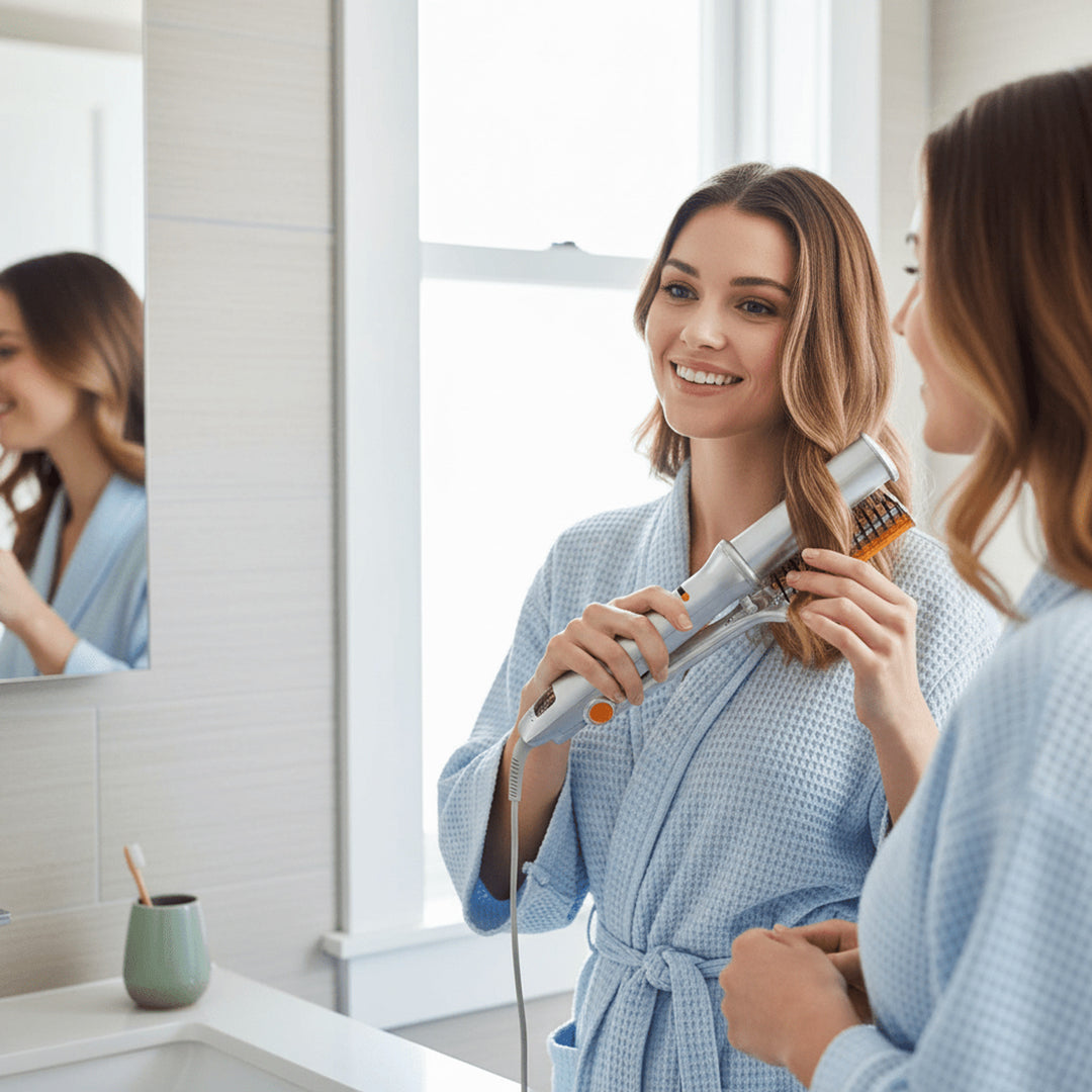 Rotating Hair Brush 2-in-1 Auto-Spin Styling Straightening Silver Orange Finish - Image 2