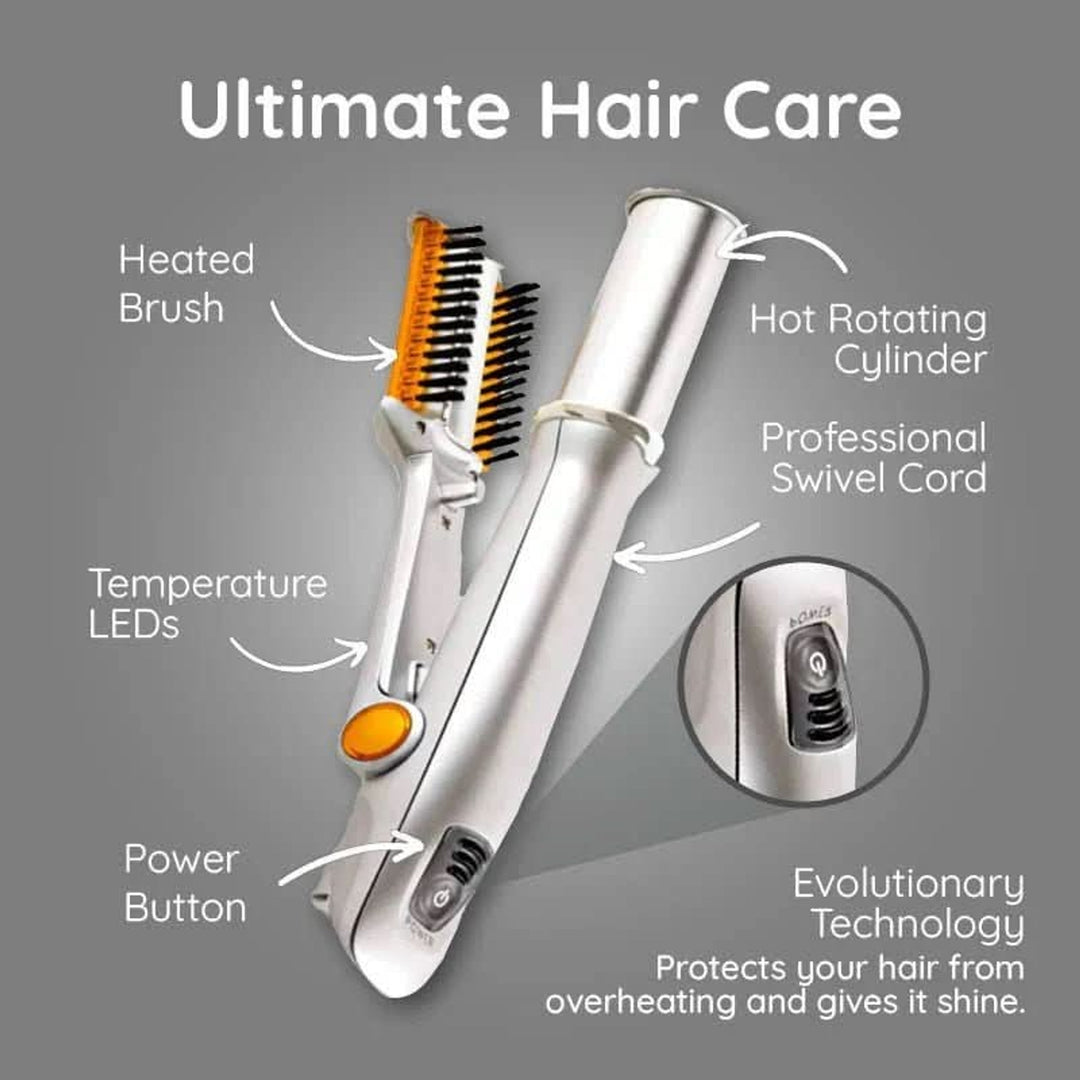 Rotating Hair Brush 2-in-1 Auto-Spin Styling Straightening Silver Orange Finish - Image 9