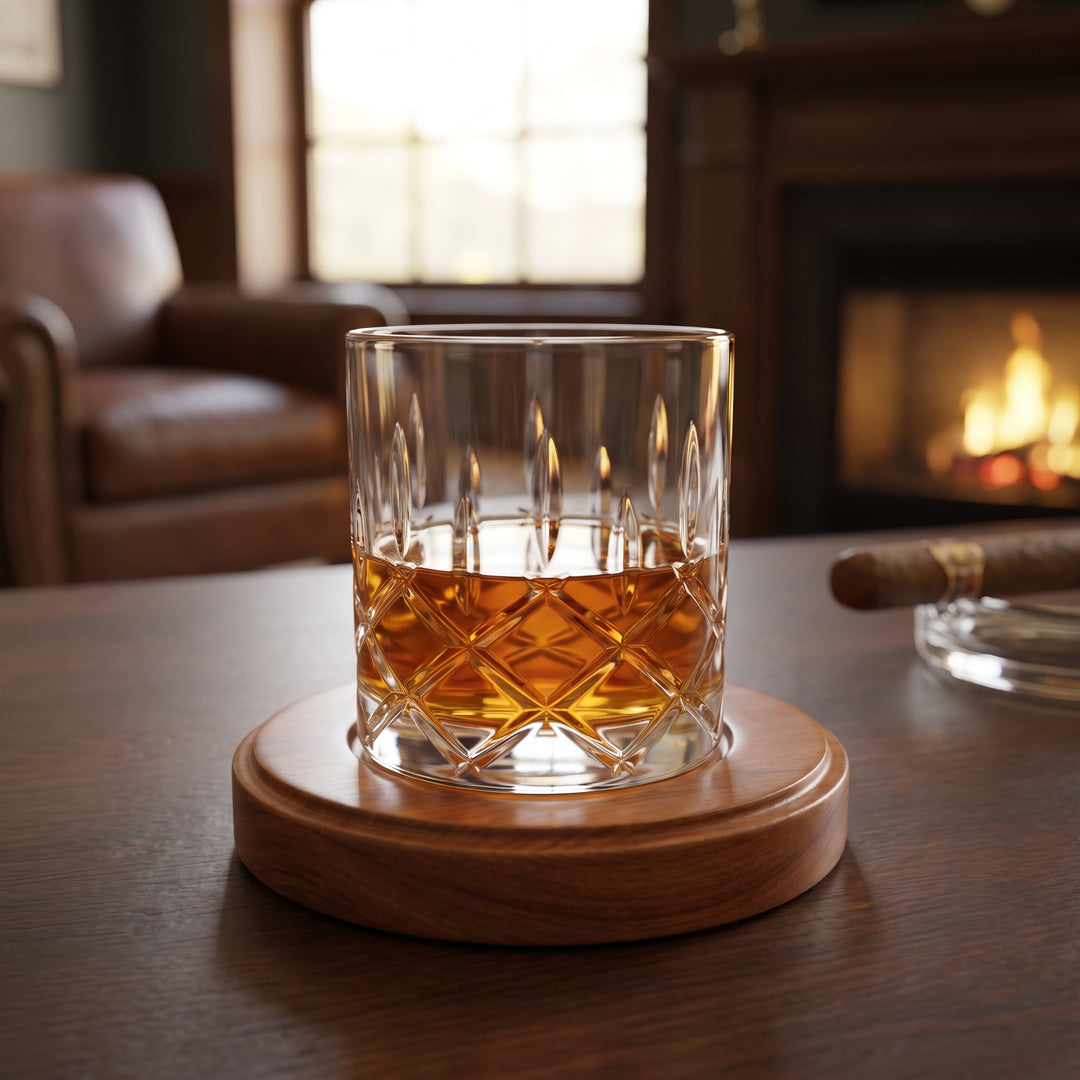 Whiskey Glass Spinning Rotating Rock Old Fashioned Bourbon Drinking With Diamond Texture Wooden Coaster - hero