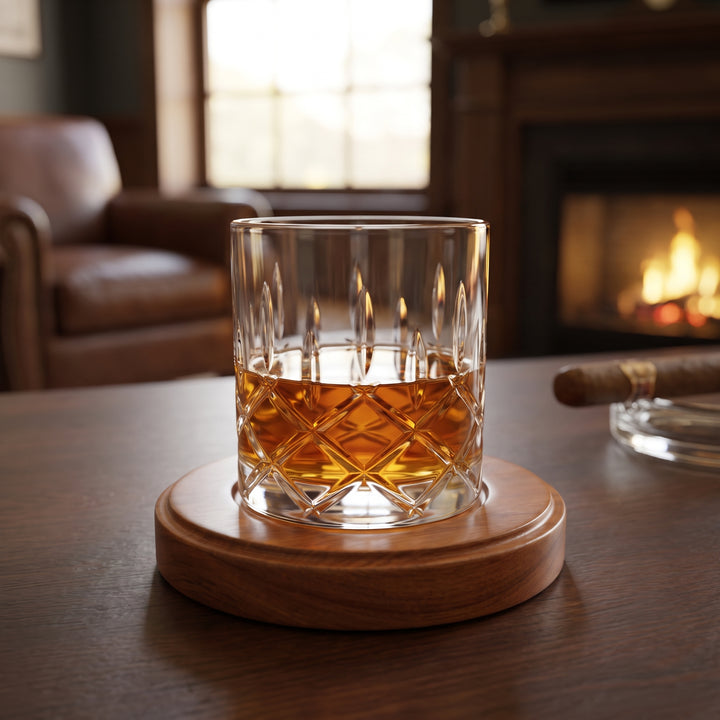 Whiskey Glass Spinning Rotating Rock Old Fashioned Bourbon Drinking With Diamond Texture Wooden Coaster - hero