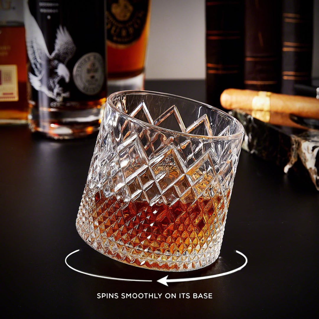 Whiskey Glass Spinning Rotating Rock Old Fashioned Bourbon Drinking With Diamond Texture Wooden Coaster - Image 1