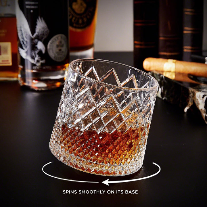 Whiskey Glass Spinning Rotating Rock Old Fashioned Bourbon Drinking With Diamond Texture Wooden Coaster - Image 1