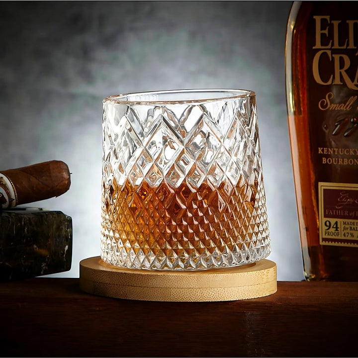 Whiskey Glass Spinning Rotating Rock Old Fashioned Bourbon Drinking With Diamond Texture Wooden Coaster - Image 5