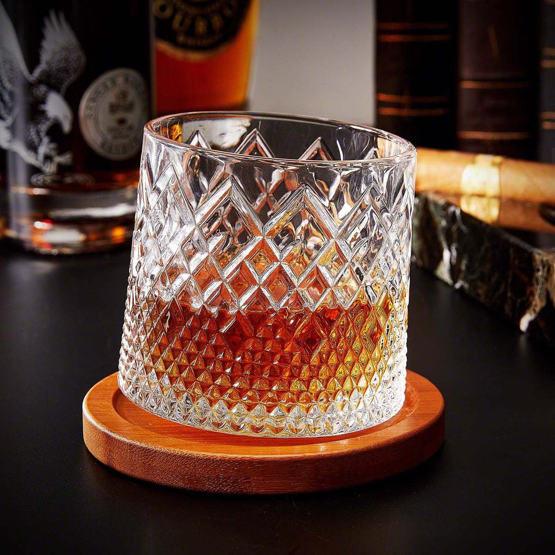 Whiskey Glass Spinning Rotating Rock Old Fashioned Bourbon Drinking With Diamond Texture Wooden Coaster - Image 2