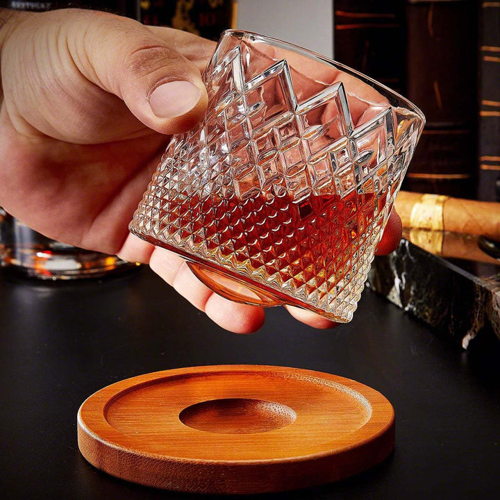 Whiskey Glass Spinning Rotating Rock Old Fashioned Bourbon Drinking With Diamond Texture Wooden Coaster - Image 4