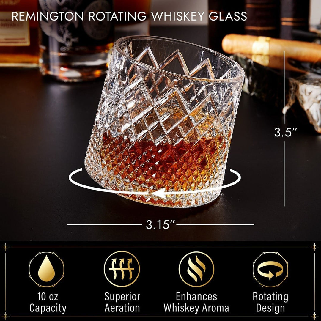 Whiskey Glass Spinning Rotating Rock Old Fashioned Bourbon Drinking With Diamond Texture Wooden Coaster - Image 3