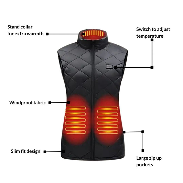 Women Heated Vest USB Rechargeable Slim Fit Quilted Gilet With Stand Collar And Windproof Fabric - Image 4