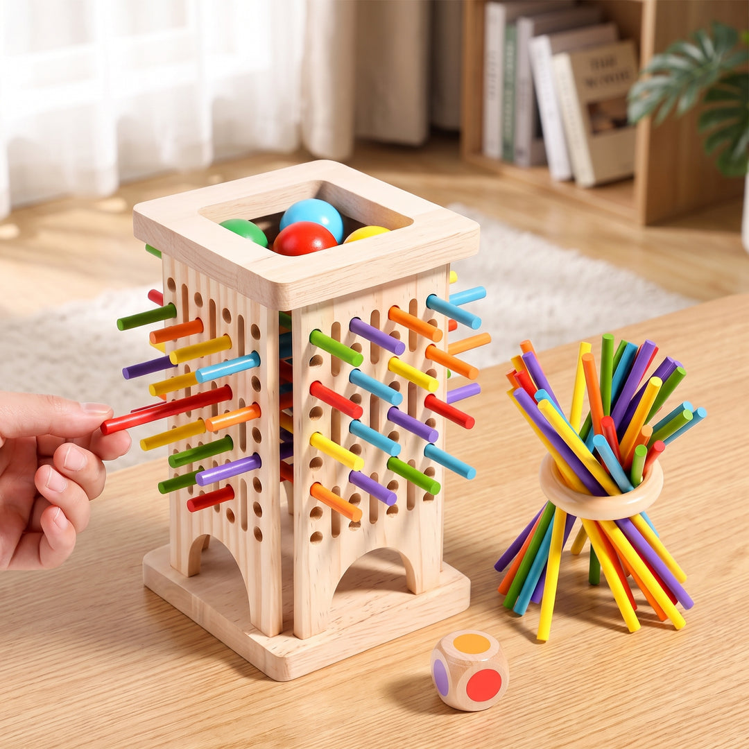 Wooden Stick Game Drop Tower With Colorful Dice Classic Family Board Toy - Image 3